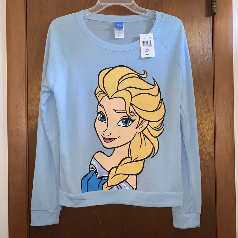 Women’s M DISNEY FROZEN QUEEN ELSA Ice Blue Soft Knit L/S Crewneck Top NWTS $34